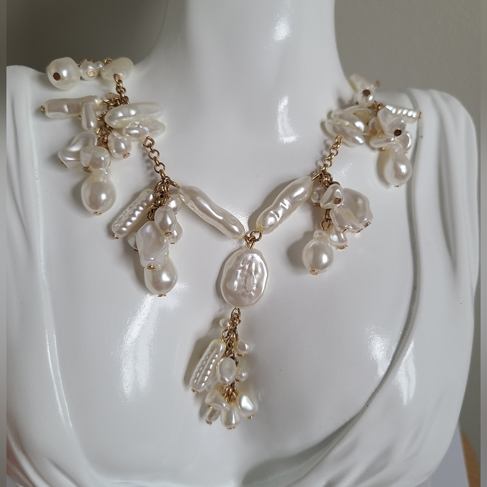 ZARA Boho Luxury Gold Tone Drop Dangle Baroque Pearl Cluster Y Drop Necklace